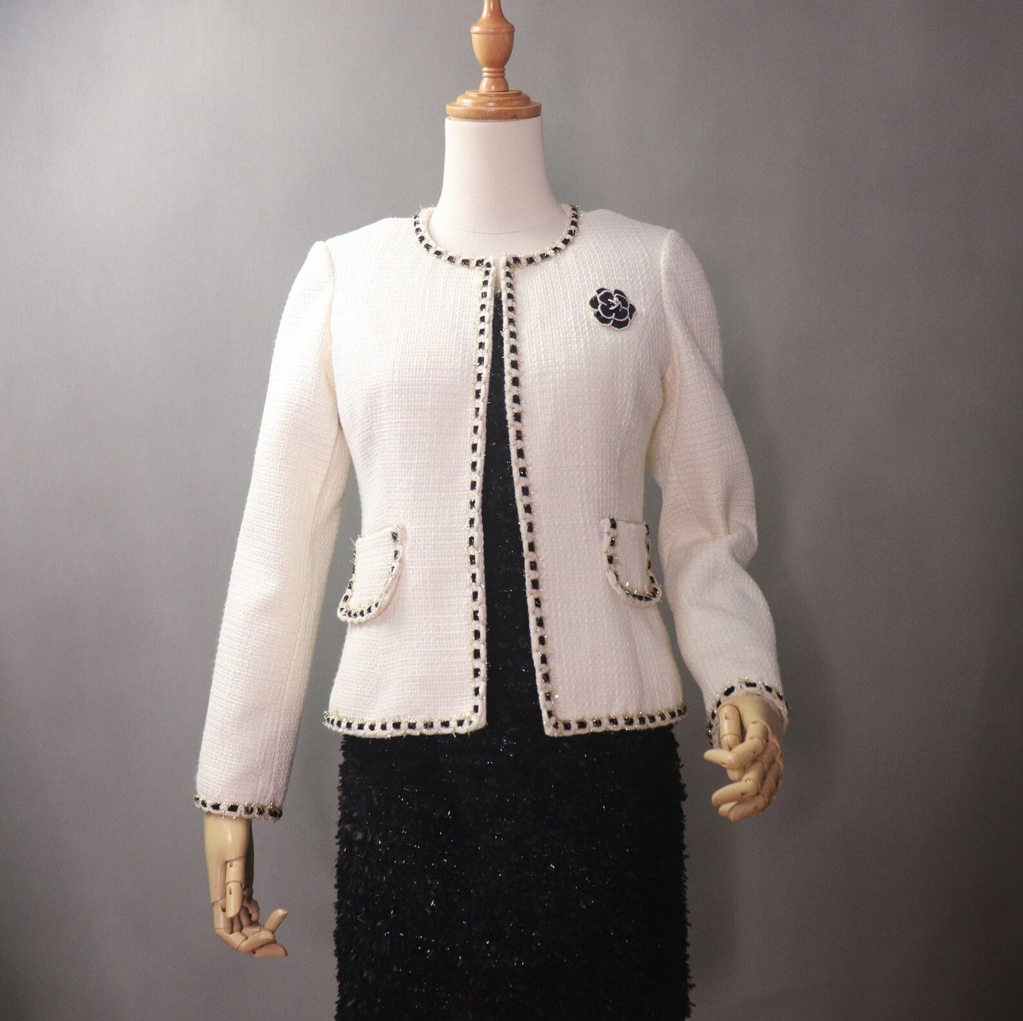 Women's CUSTOM MADE White Tweed Coat Blazer  UK CUSTOMER SERVICE!  Coat And Sheath dress sold separately.  Women's CUSTOM MADE White Tweed Coat Blazer - We offer Shorts, Skirts, Trousers for the suit. The coat is suits to any dress like sheath dress. Designed with rose and front pocket. Our tailor will make as per customer requirement like with pocket, sleeveless, without pocket etc.