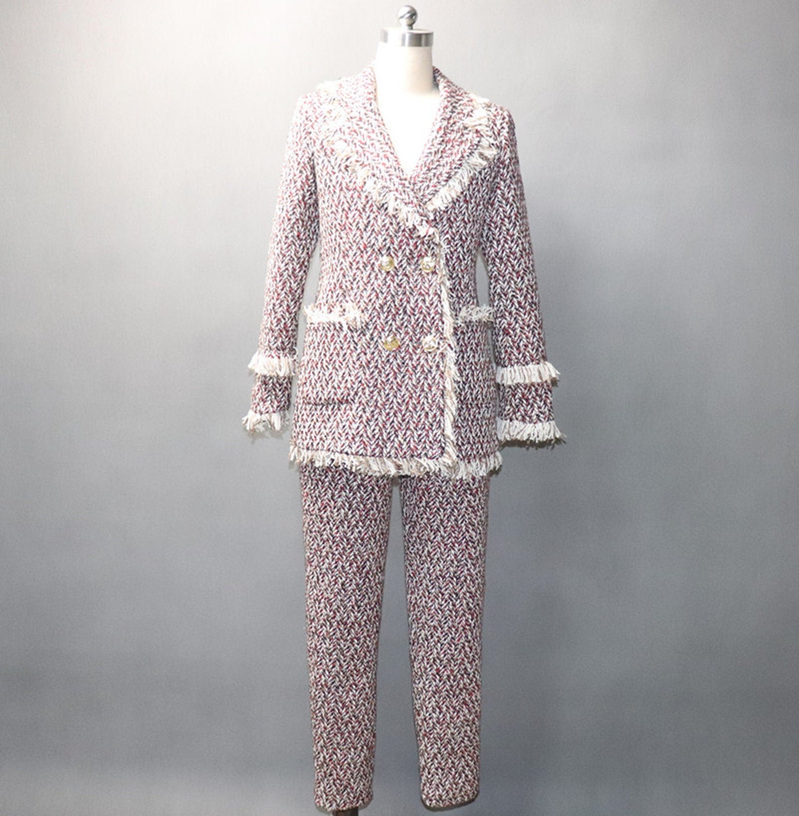 Women's Designer Inspired CUSTOM MADE Tassel Tweed Jacket Coat Blazer+Trousers