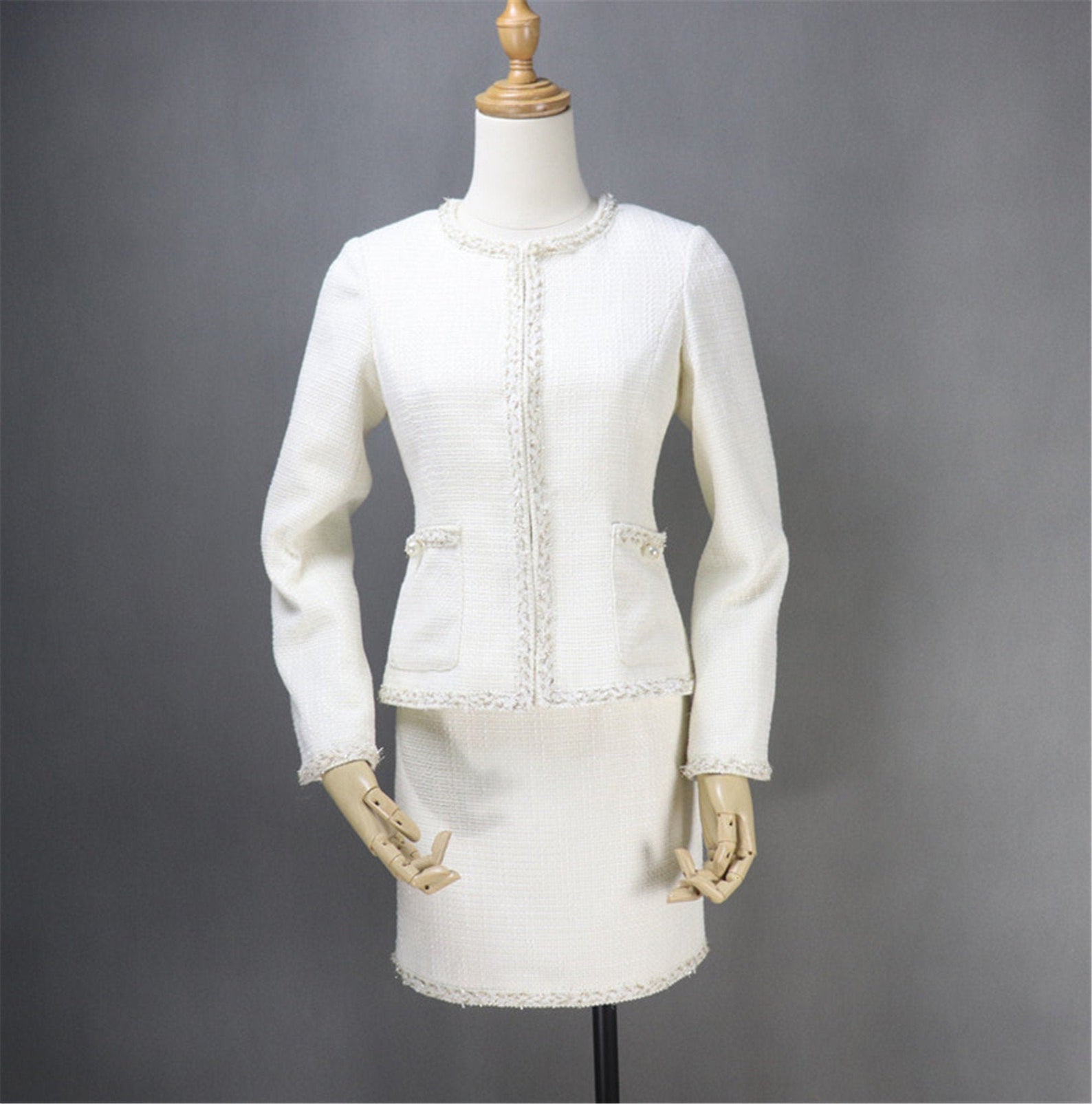  Custom Made Golden Sparkle Trim Tweed Skirt Suit White