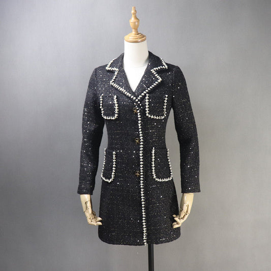 ailor Made Tweed Pearls Black Blazer Mid Length / Long Sequinned Coat for Women  UK CUSTOMER SERVICE! Tailor Made Tweed Pearls Black Blazer Mid Length / Long Sequinned Coat for Women, can worn for ceremony, inauguration and official use. Its no machine washable, dry cleaning and feel more comfort to wear. All items are made to order. Please advise your height, weight and body measurements ( Bust, shoulder, Sleeves, Waist and Length etc). Our tailors will make the order for you! HandMade Materials: Tweed