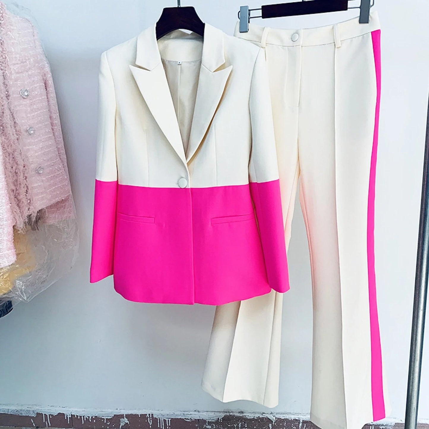 Suit for Women in Hot Pink Light Beige Blazer and Flare Trousers   Flared trousers suits are a great hit in the office this season! It's time to dress up in business casual with a twist!  This suit adds some fun to work clothes by adding color-blocked design.  Flare Trousers + Hot Pink Light Beige Blazer for Women Women's suit blazer jacket coat outerwear top. Cotton and polyester blend.
