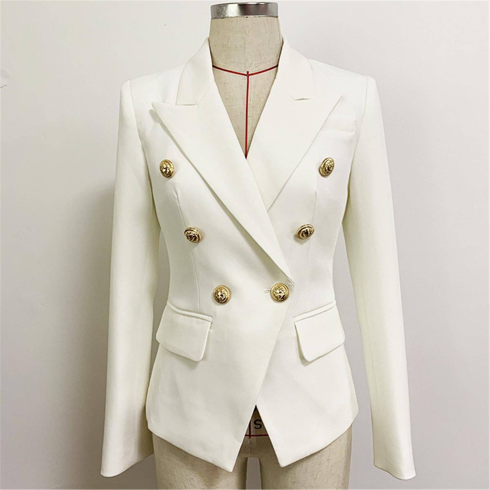 Women's White Fitted Blazer Golden Lion Buttons Coat 2 Colours  UK CUSTOMER SERVICE!  Women's White Fitted Blazer Golden Lion Buttons Coat 2 Colours -This ladies blazer has a beautiful double breasted silhouette. The White Blazer fitted jacket has a golden button frontage with single button closure. 96% Polyester .Fastening: Button. Slim Fit. Long Sleeve.