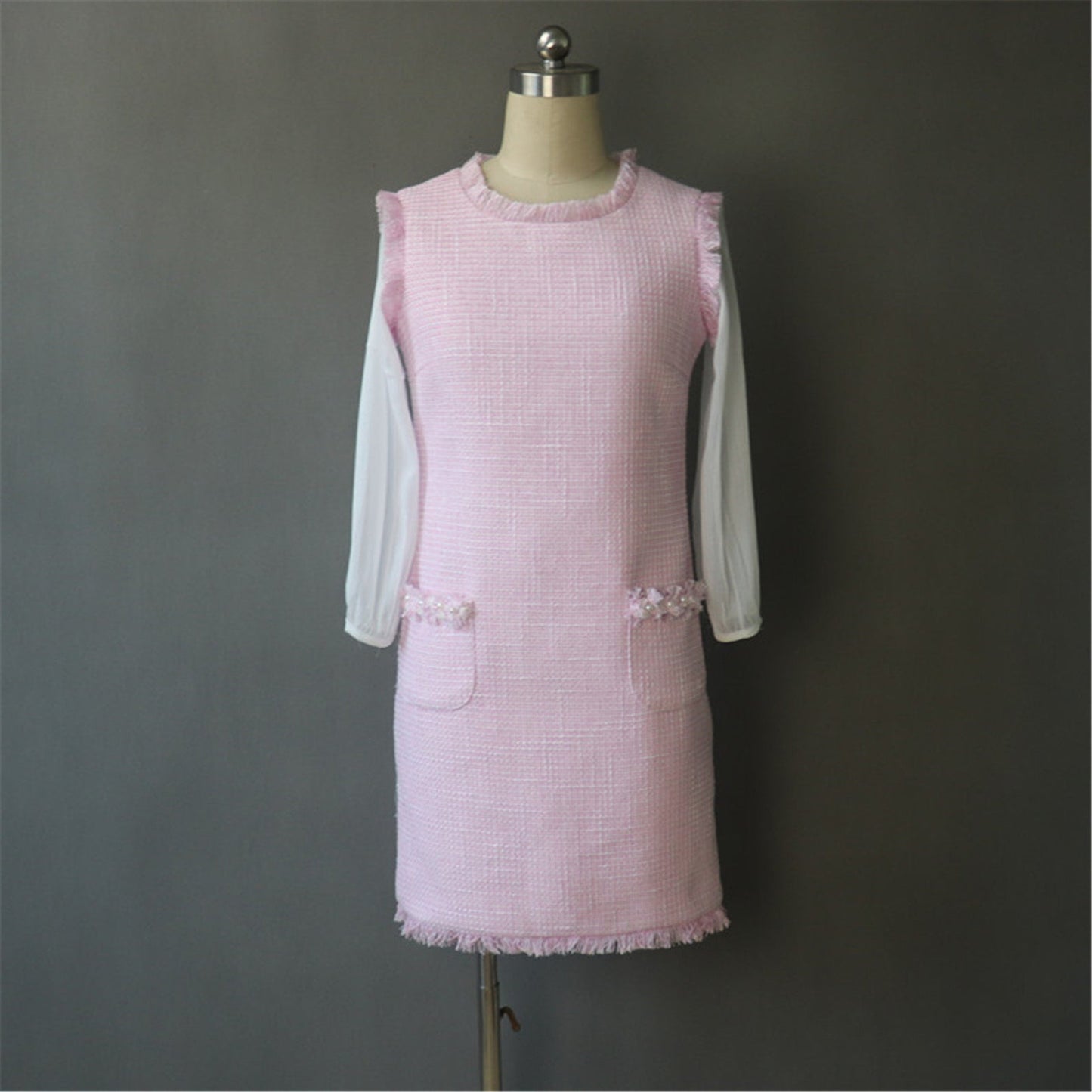 Womens Designer Inspired Custom Made Long Sleeves Tweed Dress Pink