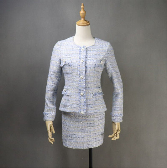 Women Custom Made Pearl Buttons Blue Tweed Skirt / Shorts Suit