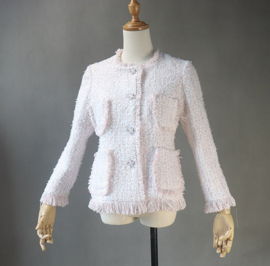 Baby Pink Tweed Jacket Coat Blazer for Women-Tailor Made or CUSTOM MADE Fringe Tassel   UK CUSTOMER SERVICE  Tailor Made or CUSTOM MADE Fringe Tassel Baby Pink Tweed Jacket Coat Blazer For Women-Office,casual,vacation,business,dating,party,outdoor,picnic,hiking,travel, formal, etc. Perfect to match with many clothes, it is one suit jacket can match almost all of your wardrobe.