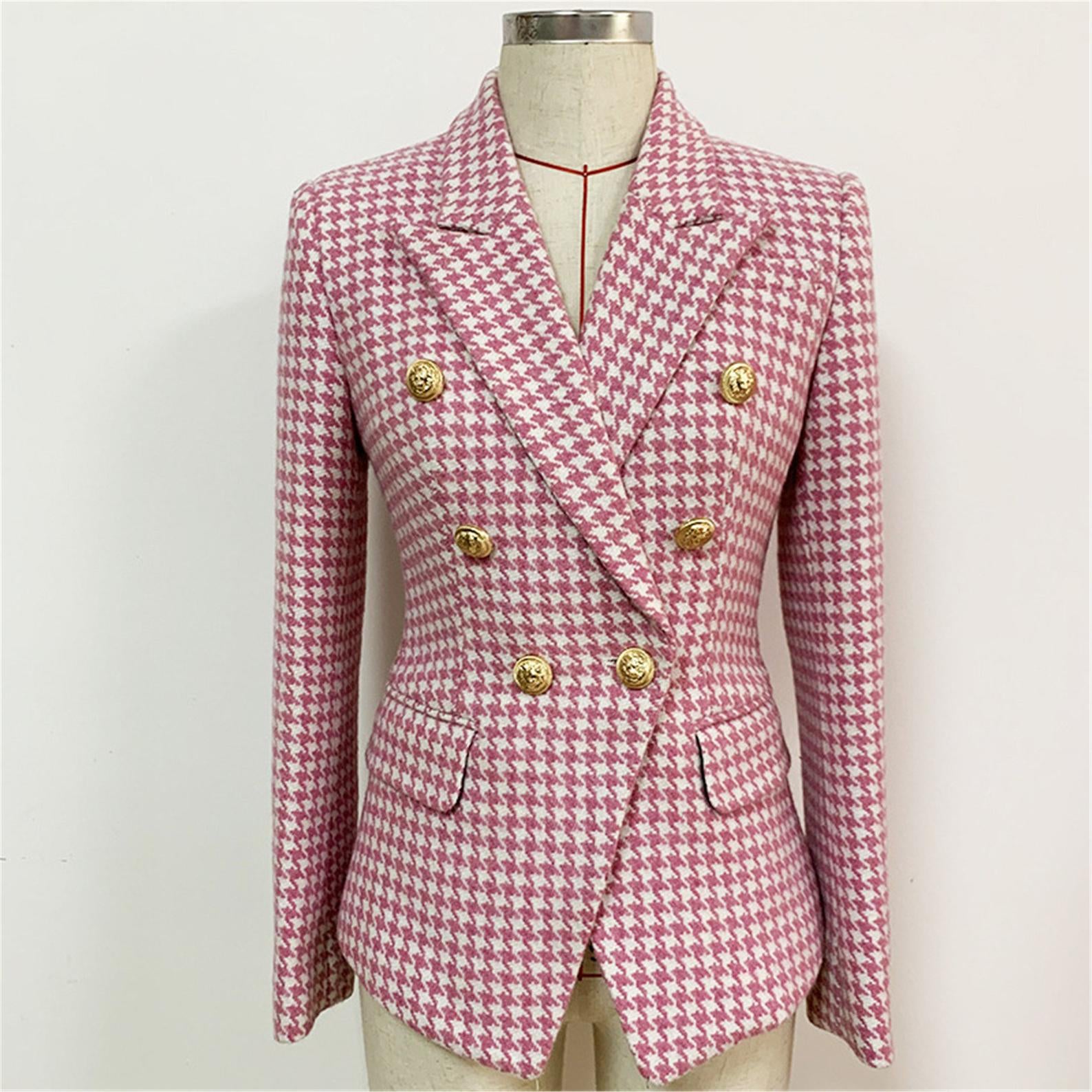  Women's Designer Inspired Pink Checked Fitted Blazer Coat  UK CUSTOMER SERVICE!   Women's Designer Inspired Pink Checked Fitted Blazer Coat -This pink and white  checked blazer proves that power suiting can also be pretty. It's made from houndsooth cotton-blend tweed with a full lining for a comfortable feel. Padded shoulders and crest buttons add a sharp tailoring note. Dry Cleaning. Fully lined