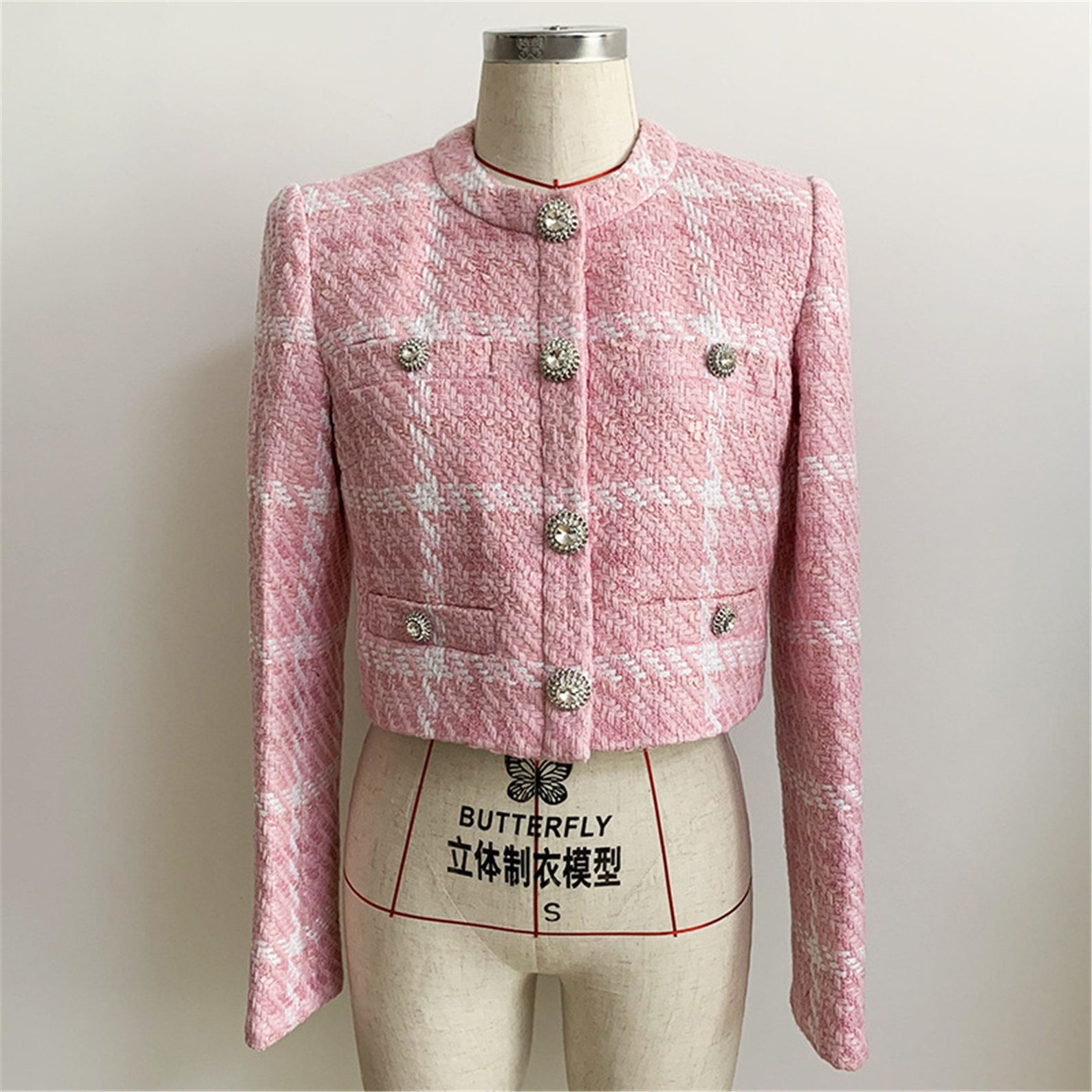Women's Designer Inspired Jewellery Buttons Tweed Pink Crop Blazer + Skirt  UK CUSTOMER SERVICE!  Women's Jewellery Buttons Tweed Pink Crop Blazer + Skirt, can worn for casual wear, party, lunch with friends. Feel more comfort and good. Size: UK 4-12/ EU 32-40/ US 0-8