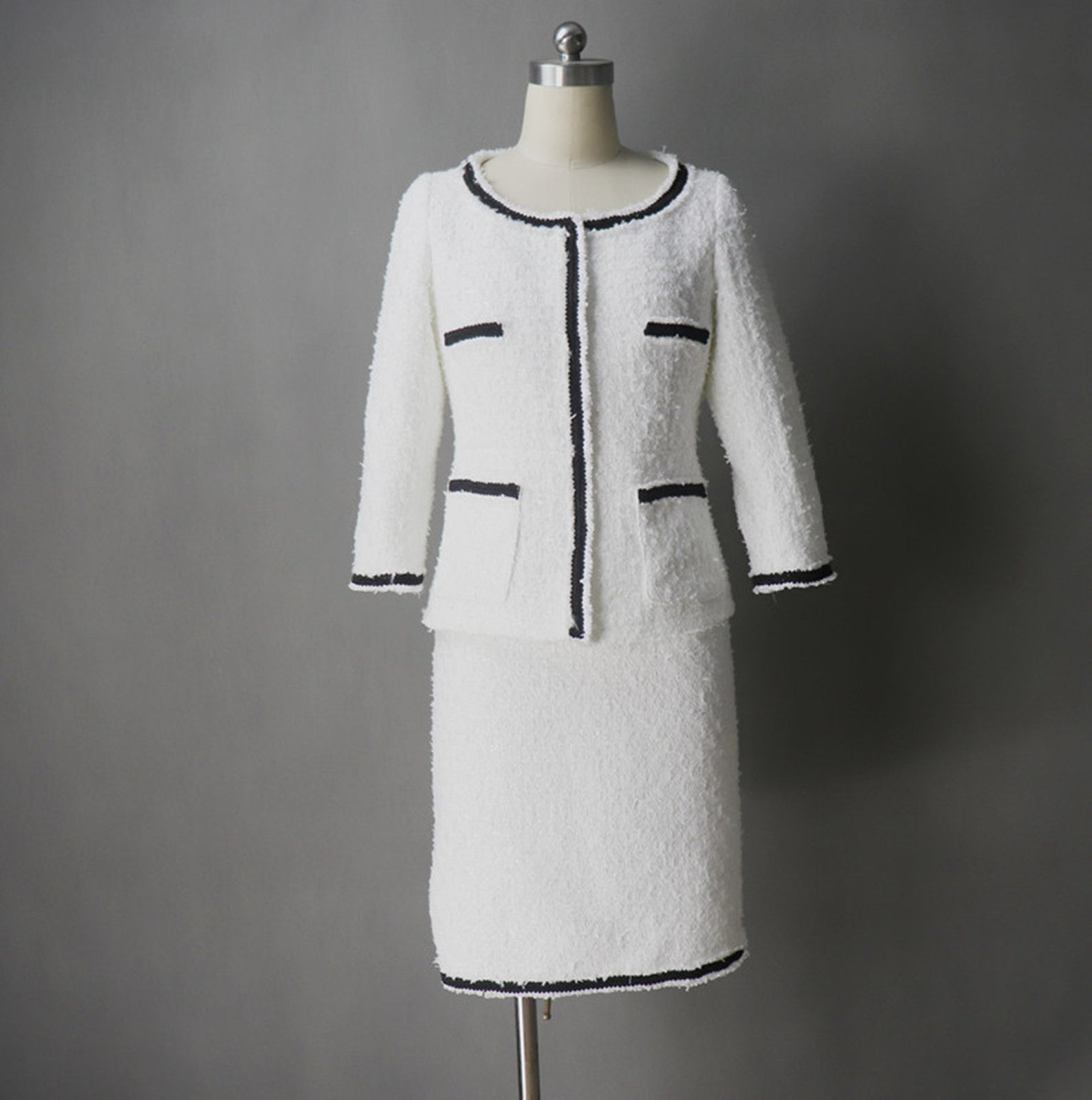 Womens Designer Inspired Custom Made Sparkle Tweed Fitted Blazer + Skirt Suit White