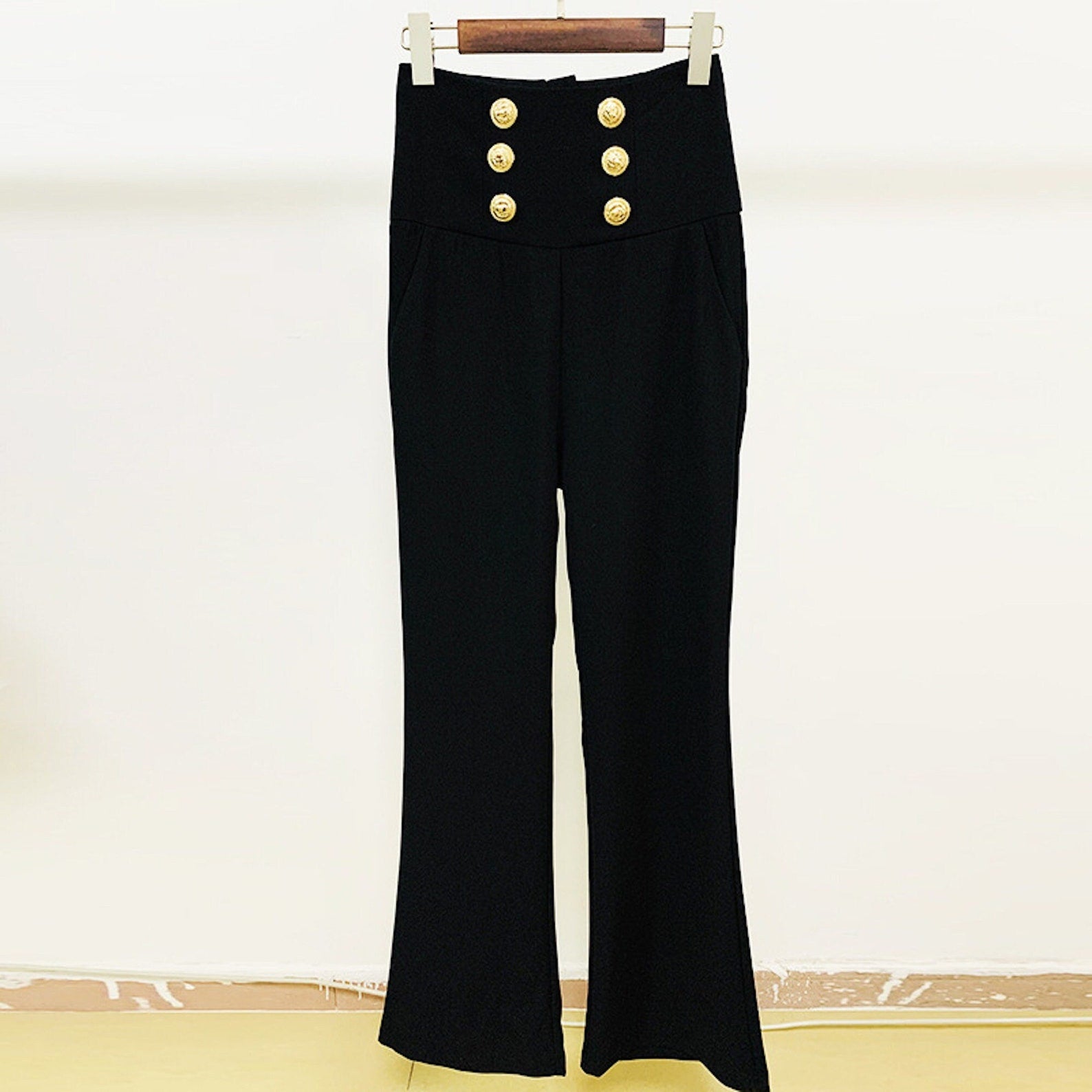 FashionPioneer - Women Golden Lion buttons Flare Long Trousers Black , comfortable and relaxed with an elasticated waistband finish and pull-on construction. We love the soft  fabric because it's wrinkle and crease free with a beautiful drape. Each style is handmade in our studios with discrete stitching. Perfect for work or weekends, style up with heels or down with trainers or sandals.