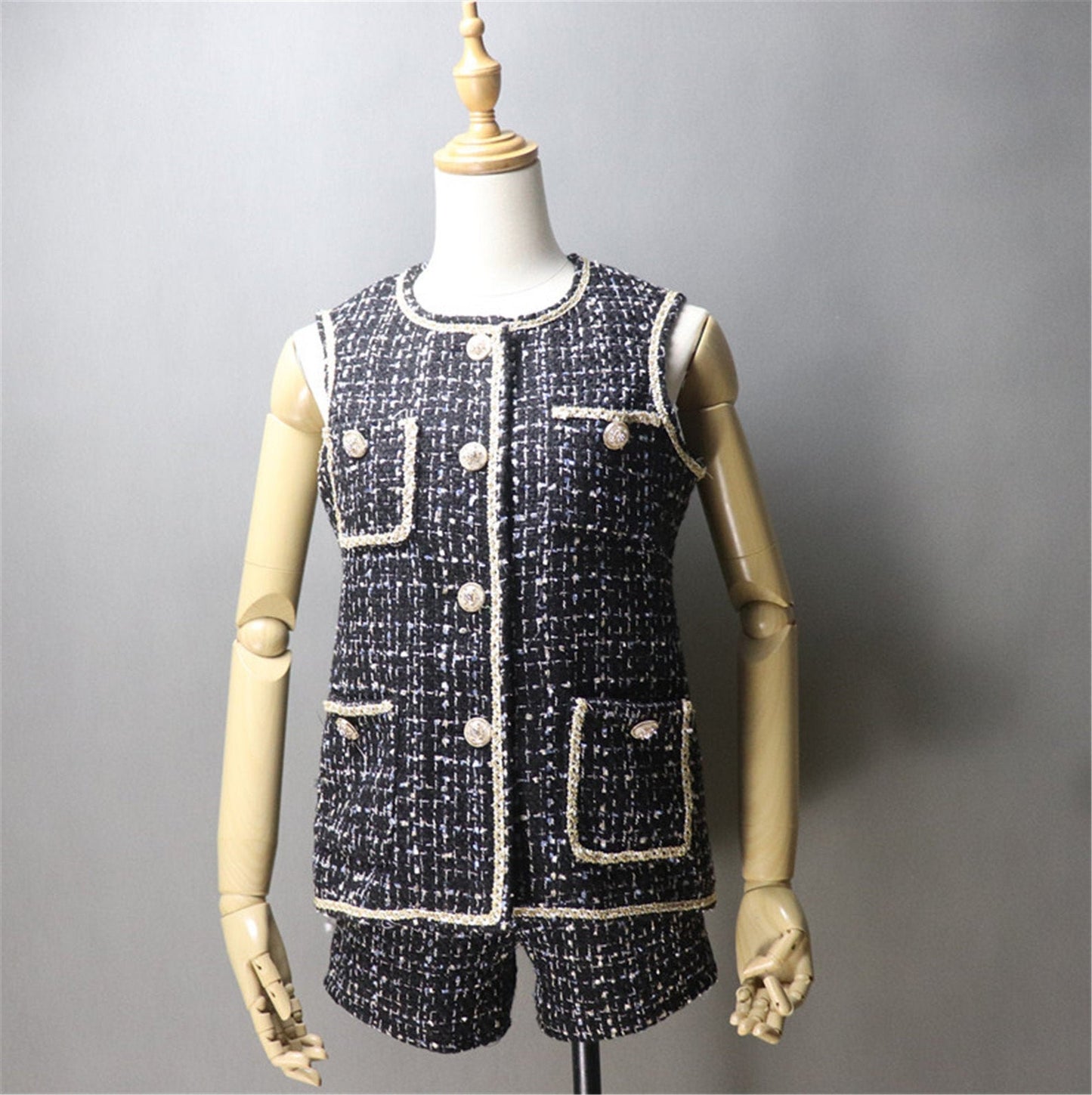 Custom Made Hand Made Asymmetric Trim Pockets Tweed Vest + Shorts