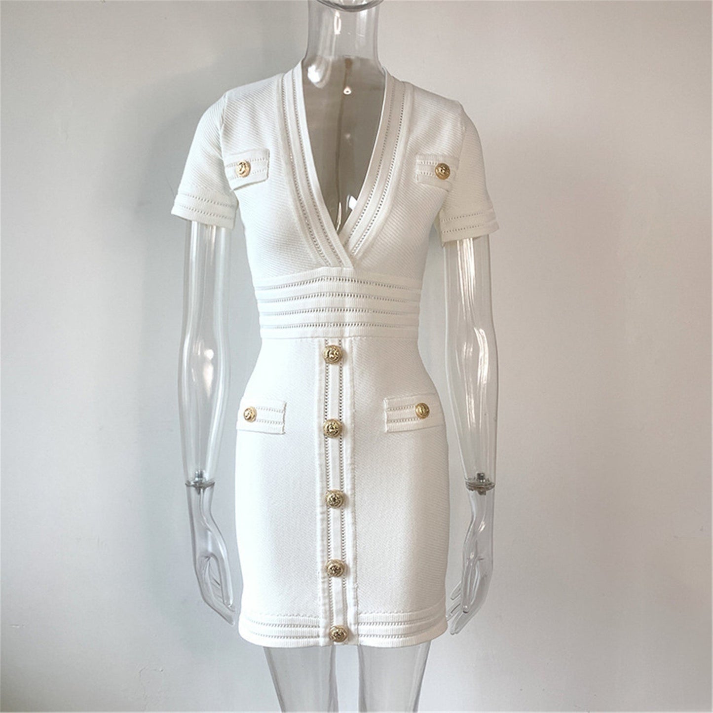 Women's Designer Inspired Golden Lion Button Deep V Neck White  Bodycon Dress  UK CUSTOMER SERVICE! Women's Designer Inspired Golden Lion Button Deep V Neck White Bodycon Dress, back zip with buttons.Dry cleaning and no machine wash.Women's bodycon are trendier as ever this season.  Size: UK 4-12/ EU 32-402/ US 0-8  Please leave your mobile number for the delivery.