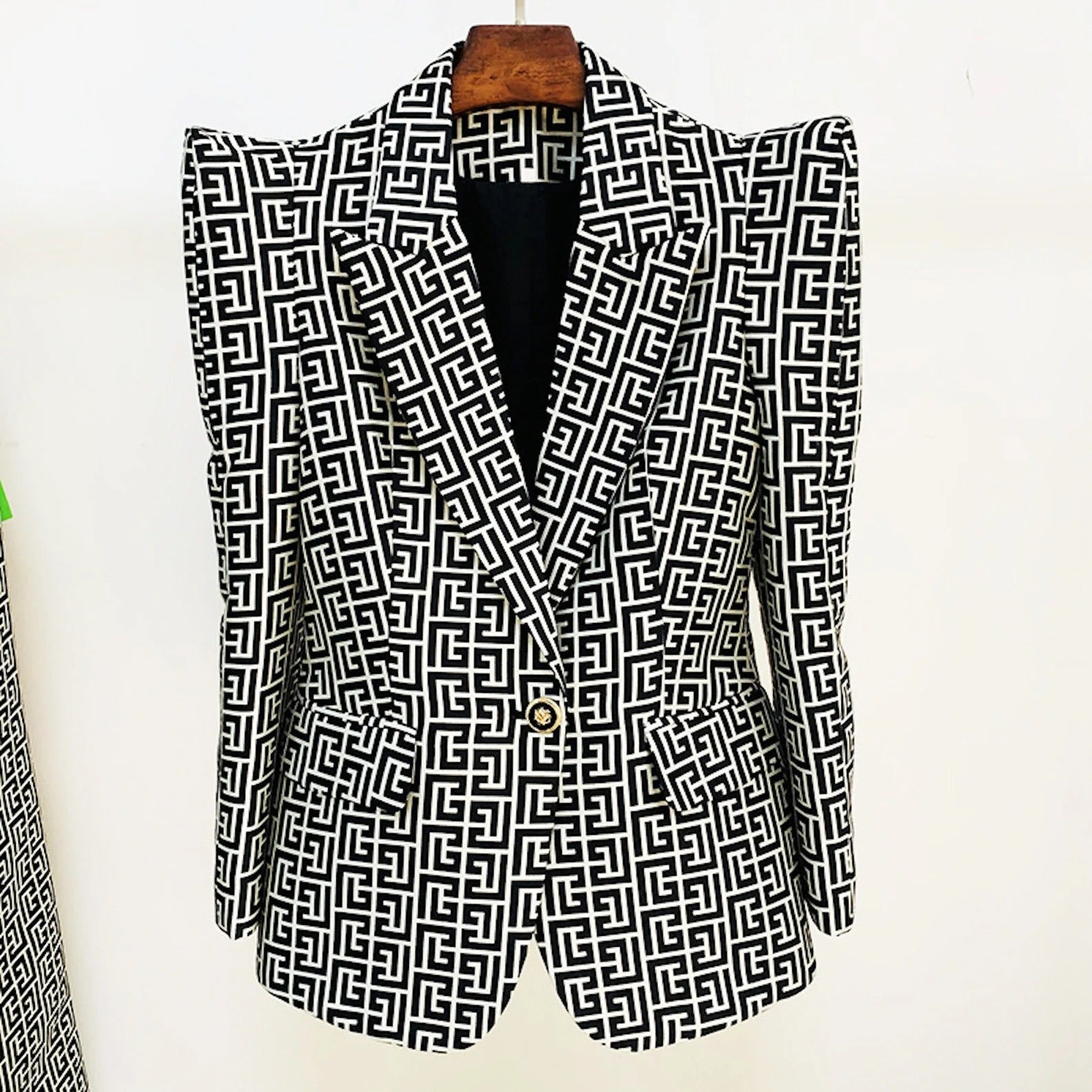 FashionPioneer - Women Extra Large Shoulder Maze Pattern Golden Buttons Blazer + Trousers Suit ,wear this blazer with the matching bottoms and complete the look with a lace bralet and your highest heels. we've got Blazers for Women who wanna bring a new kinda energy to their outfits. Team a double breasted blazers with some heel boots, or get on board with the oversized trend and go for longline pieces for an edgy vibe.