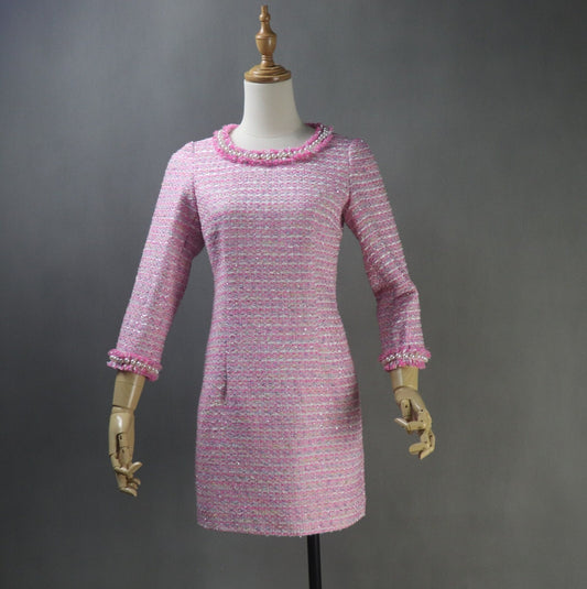 Womens Custom Made Pearls Tweed 3/4 Sleeves Dress Hot Pink  UK CUSTOMER SERVICE! Womens Custom Made Pearls Tweed 3/4 Sleeves Dress Hot Pink - Pink tweed fabric with back zip, 3/4 sleeves, Knee length dress. Can wear it for outside party , holidays and casual or formal wear. Dry Cleaning. The midi length and round-neck gives this pencil fashionable dress a classic and timeless shape, making the baggy trendy pretty dressing gown versatile for various special occasions.