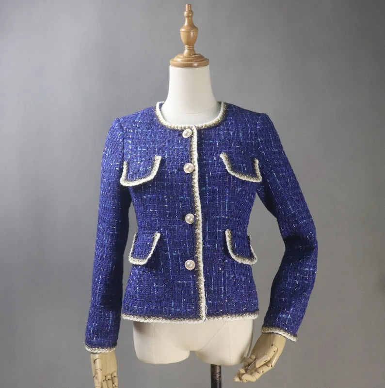 Royal Blue Coat Blazer Sequinned Women's Tailor CUSTOM MADE  Tailor Made Royal Blue Tweed Jacket Coat Blazer For Women-Office,casual,vacation,business,dating,party,outdoor,picnic,hiking,travel, formal, etc. We have different material and design of custom women blazers. Perfect to match with many clothes, it is one suit jacket can match almost all of your wardrobe.
