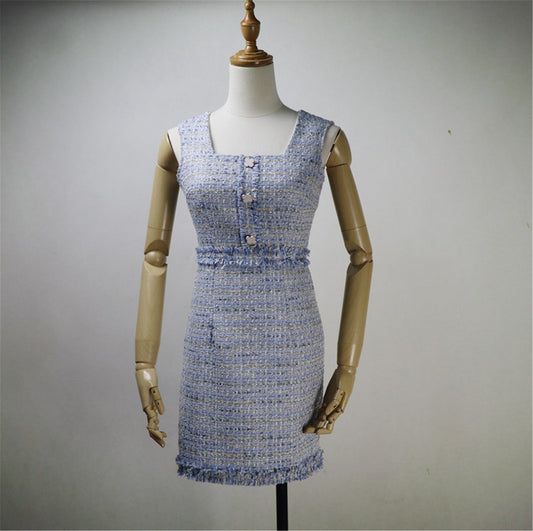 Women Custom Made Square Neck Sleeveless Tweed Sheath Dress Blue Pink