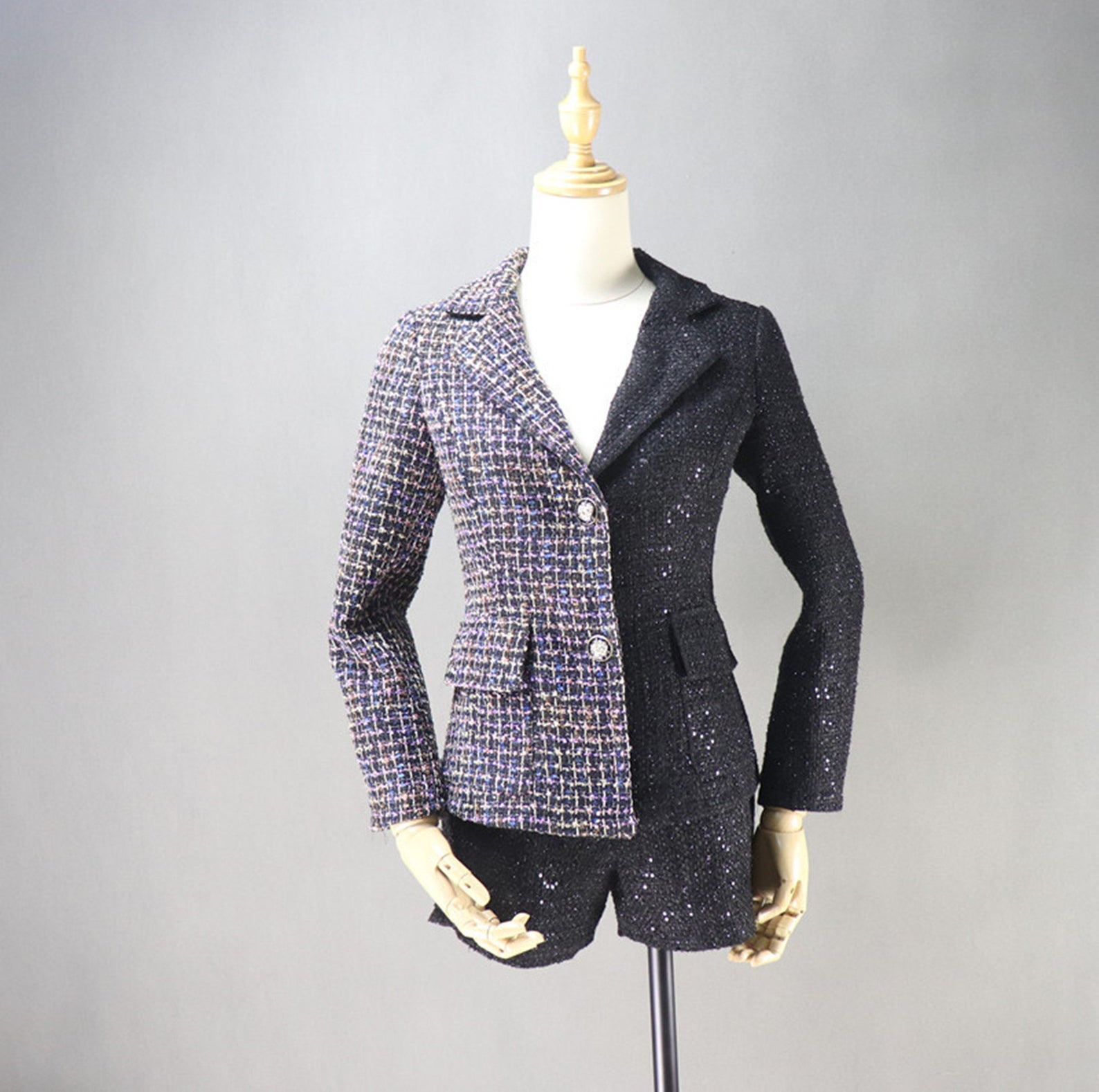 Sequined Custom Made Tweed Colour Crash Shorts/Skirt Suit