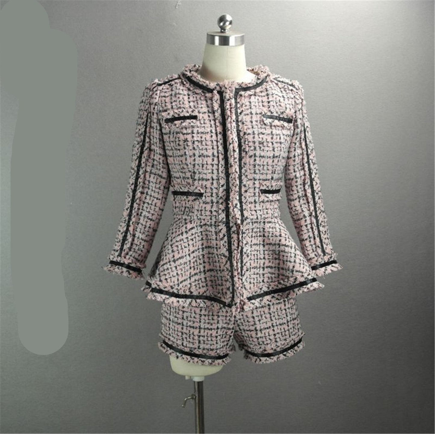 Women's Designer Inspired CUSTOM MADE Hand Made Checked Tweed Jacket Coat Blazer + Shorts Pink
