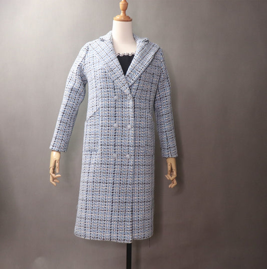 Women's Sky Blue Winter Checked Long Warm Coat  UK CUSTOMER SERVICE! Women's Sky Blue Winter Checked Long Warm Coat- Sky Blue warm coat can wear for Winter season and Autumn season. Feel comfort and elegant. All items are made to order. Please advise your height, weight and body measurements ( Bust, shoulder, Sleeves, Waist and Length etc). Our tailors will make the order for you!  Materials: Wool blend (20% Wool)