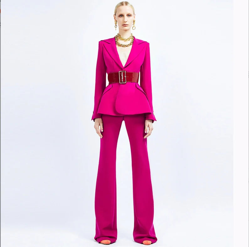 Women's Pink Belted Mid-length Jacket Coat Blazer+ Long Pants Trousers Suit Material: Cotton Blend Color: Pink Collar: Notch Lapel Sleeve: Long Sleeve Style: Blazer+Pants Design: Belted Occasion: Casual Garment Care: Hand-wash and Dry Clean Unique style, create a illusion for stunning curves, make you more beautiful, fashion, sexy and elegant. Package Content: 1 x Women Suit Set Size: There are 4 sizes (S/M/L/XL) available for the following listing.