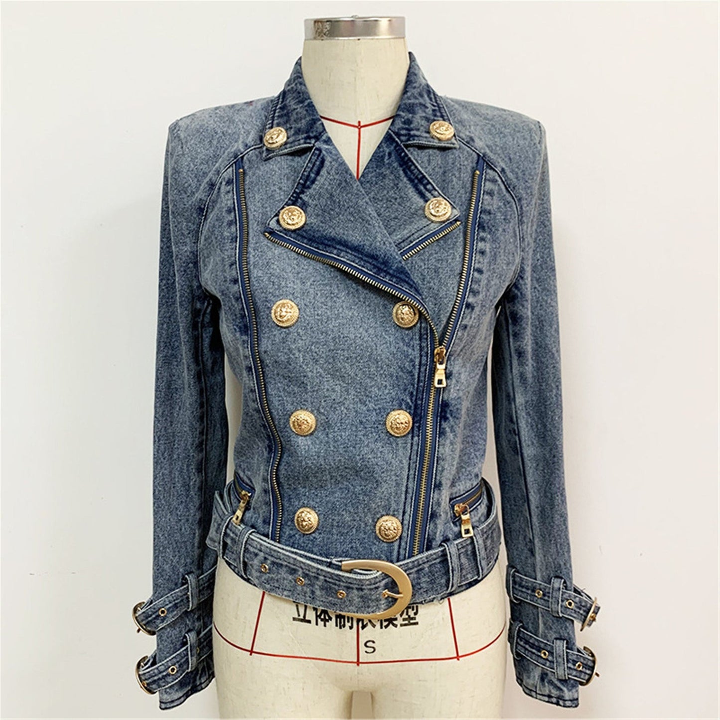 Women's Luxury Designer Inspired Denim Golden Buttons Biker Jacket Blazer  UK CUSTOMER SERVICE! Women's Luxury Designer Inspired Denim Golden Buttons Biker Jacket Blazer - light blue jacket is crafted from cotton denim that’s faded and gently distressed around the edges for a vintage look. It’s Italian made to a relaxed silhouette with chest patch  a zigzag-topstitched buttoned placket and buckled belt arm .