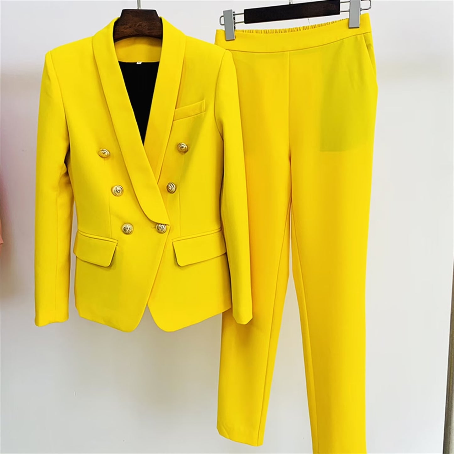 Shawl Collar Golden Buttons Blazer + Crop Trousers Suit Yellow UK CUSTOMER SERVICE!   Shawl Collar Golden Buttons Blazer + Crop Trousers Suit Yellow - Can worn for business meeting, daily wear, formal date, office work, vacation and outdoor activities. Classic fashion design, the simple and Shawl Collar neck line. Fully lined with black and Lion buttons. Also, Blazer can worn for party or outside with suitable pants or bottom.  Polyester Fastening: Button Slim Long Sleeve