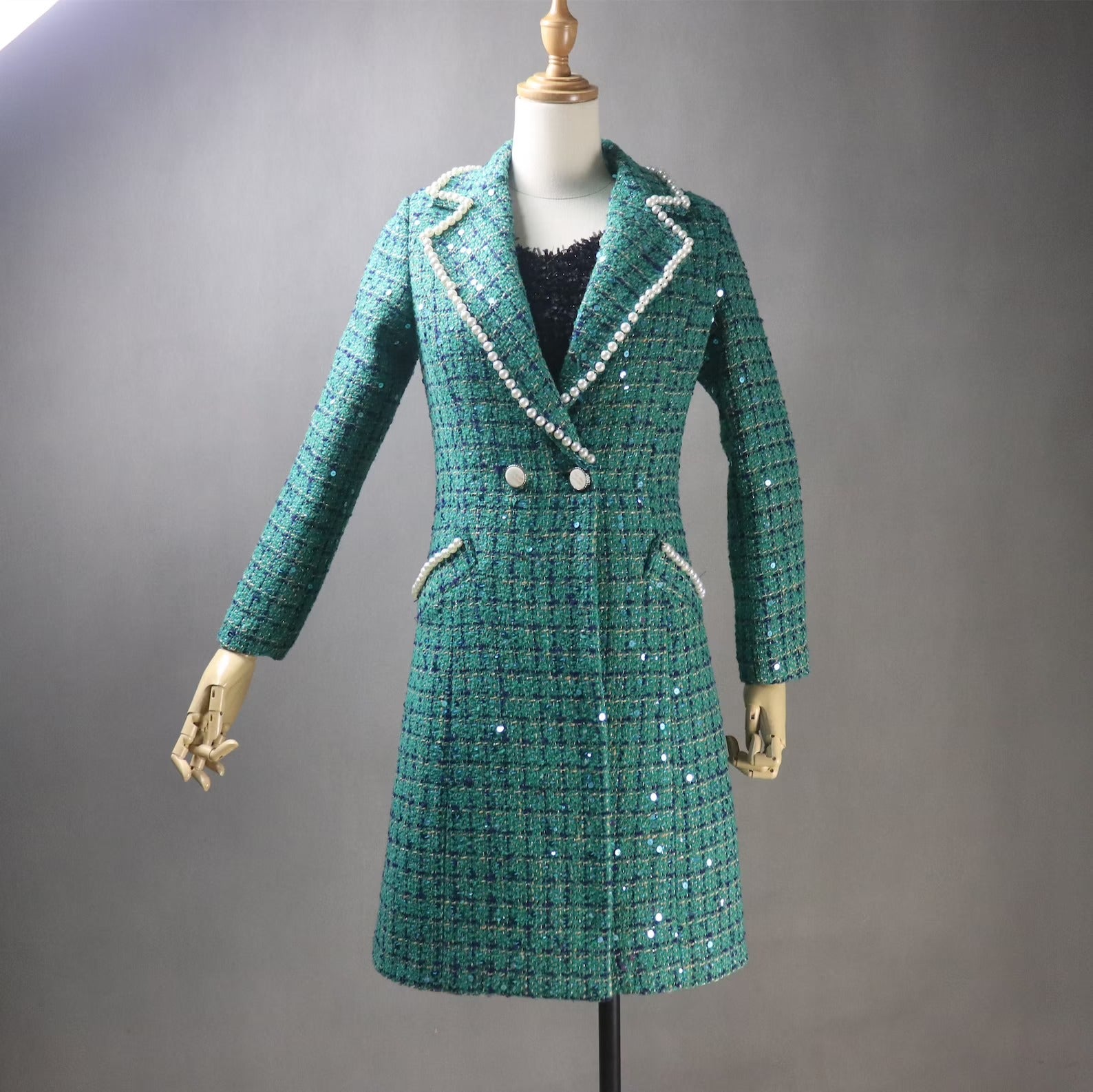 Women's Winter Tailored Sequinned Pearls Decoration Tweed Long Warm Coat - Fashion Pioneer 