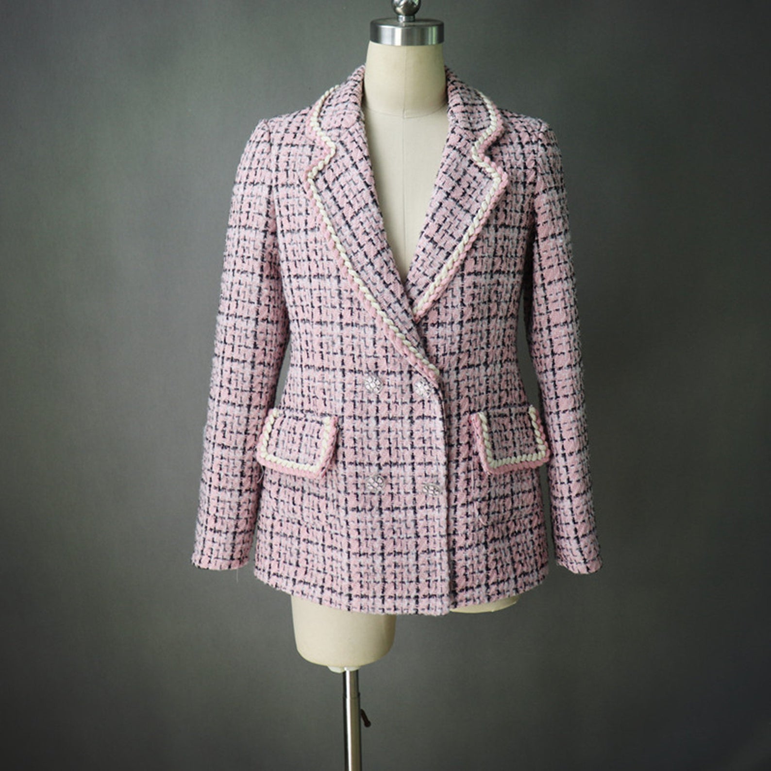 Womens Designer Inspired CUSTOM MADE to Order Pink Hounds tooth Tweed Jacket Coat Blazer