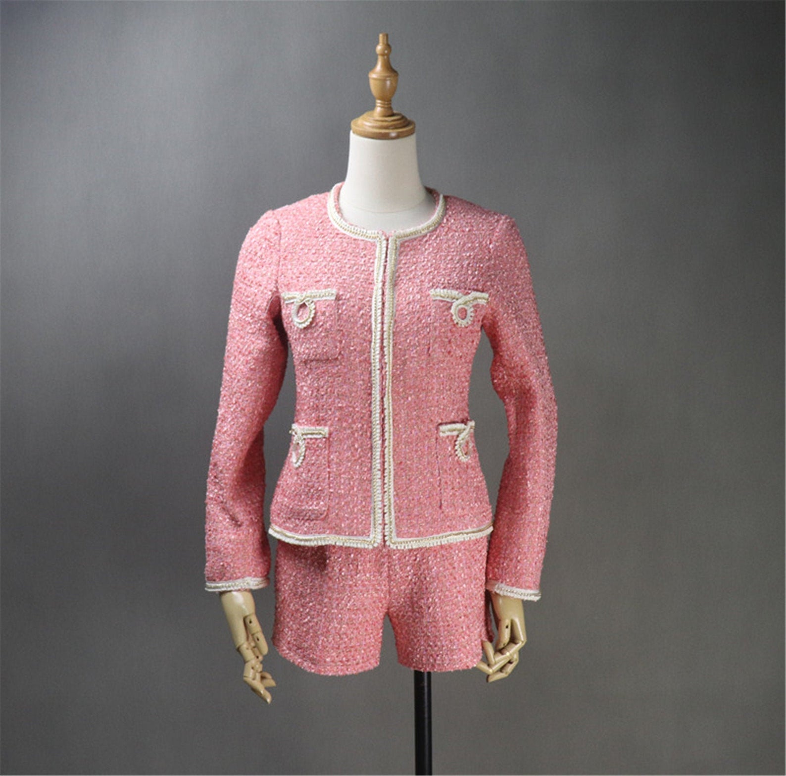 Custom Made Pink Tweed Blazer Coat+ Skirt / Shorts Suit for Women  UK CUSTOMER SERVICE!  Custom Made Pink Tweed Blazer Coat+ Skirt / Shorts Suit for Women, It is a must-have for any businesswoman to own a timeless, classic women's tweed suit.  All items are made to order. Please advise your height, weight and body measurements ( Bust, shoulder, Sleeves, Waist and Length etc). Our tailors will make the order for you!  Materials: Tweed