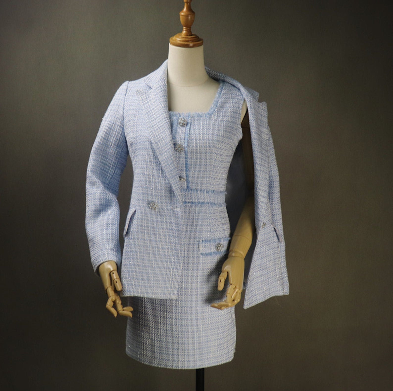 Women's CUSTOM MADE Tweed Blue Jacket Coat Blazer+ Dress/ Skirt/ Trousers  UK CUSTOMER SERVICE!   Women's CUSTOM MADE Tweed Blue Jacket Coat Blazer+ Dress/ Skirt/ Trousers, can worn for official use, interview , ceremony and college inauguration. Dry Cleaning and no machine washable.   We offer Dress, Shorts, Skirts, Trousers for the suit