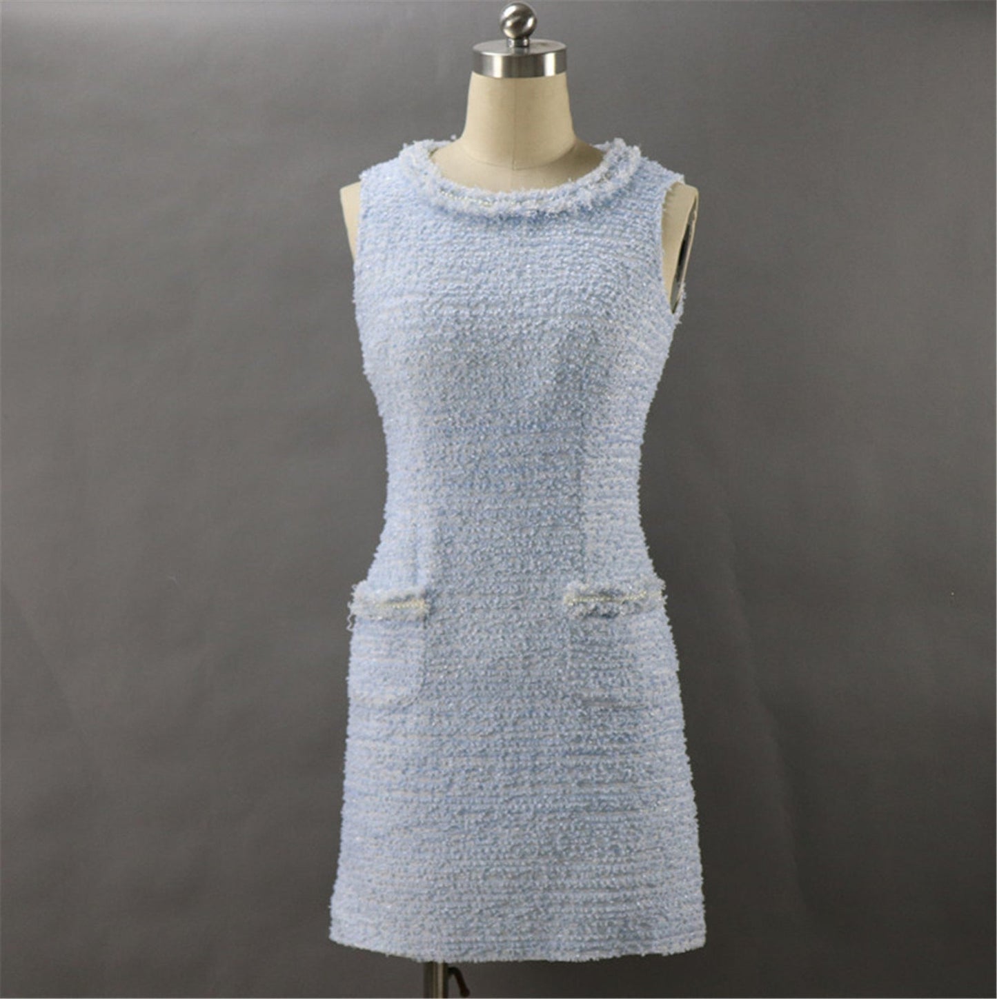 Tweed Sheath Dress Light Blue For Womens Custom Made  UK CUSTOMER SERVICE! Tweed Sheath Dress Light Blue For Women's Custom Made - Round Neck with two pockets and Sleeveless. Fastening back zipper and Fringe detail.   All items are made to order. Please advise your height, weight and body measurements ( Bust, shoulder, Sleeves, Waist and Length etc). Our tailors will make the order for you!  Materials: Wool blend