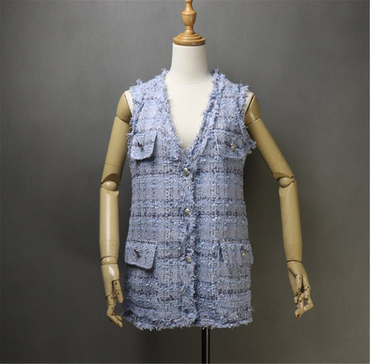 Womens Designer Inspired CUSTOM MADE Check Pattern Tweed Mid Length Vest Gilet 2 Colours