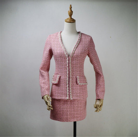 Women Custom Made V Neck Pearls Decoration Tweed Pink Color Dress/Shorts/Skirt Suit