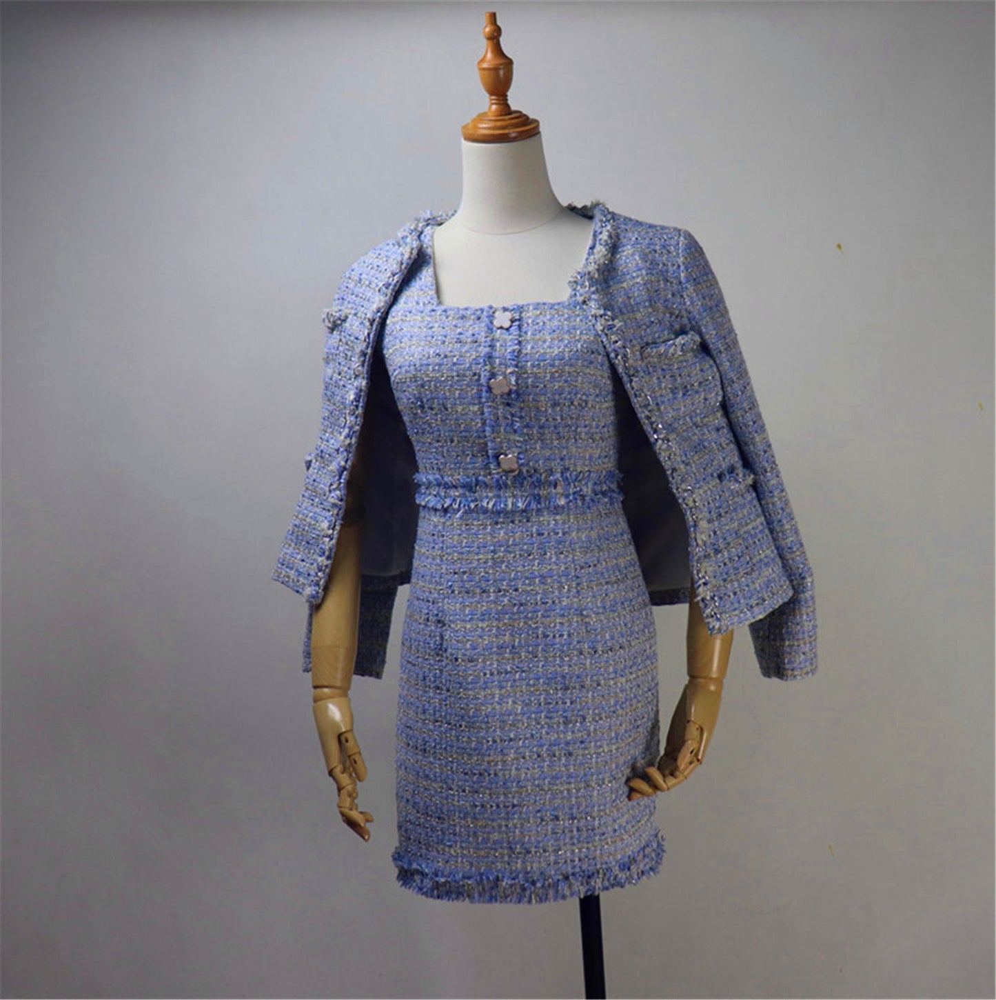 Women Custom Made Check Tweed Blue Color Dress/Shorts/Skirt Suit