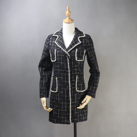 Tailor Made Tweed Pearls Black Checked Blazer Mid Length / Long Coat for Women   UK CUSTOMER SERVICE! Tailor Made Tweed Pearls Black Checked Blazer Mid Length / Long Sequinned Coat for Women, can worn for ceremony, inauguration and official use. Its no machine washable, dry cleaning and feel more comfort to wear.