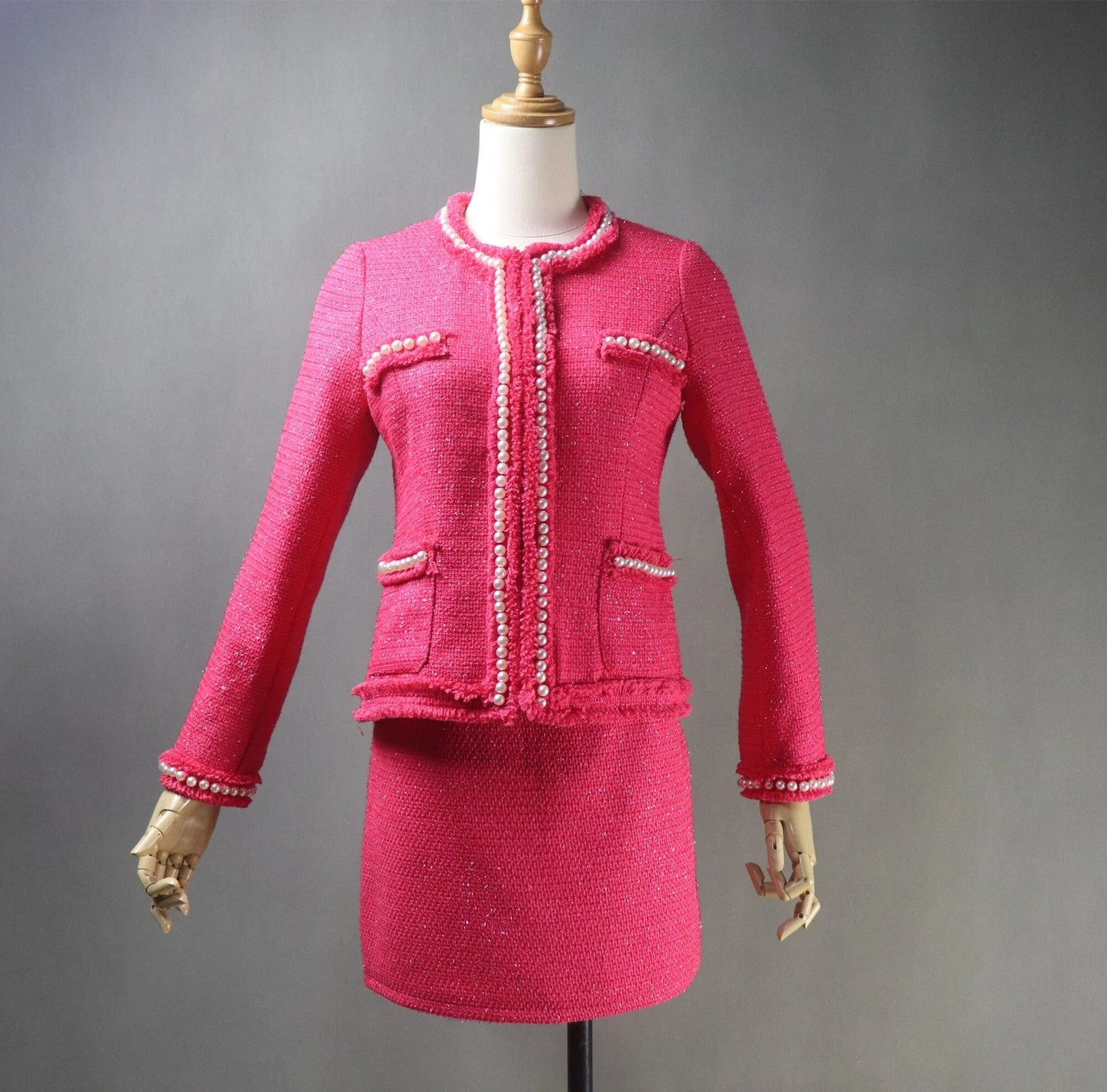 Women's HAND MADE Hot Pink Pearls Decoration Jacket Coat  Blazer+Shorts/Skirts/Trousers  UK CUSTOMER SERVICE!  Women's Tailor CUSTOM MADE Hot Pink Pearls Decoration Jacket Coat - We offer Blazer+ Shorts/Skirts/Trousers. Hot pink colour designed with pearl button. Front pocket with fully lined jacket and skirt. Can worn for college inauguration, party, events, wedding wear, outside Dinner, Friends party, Church wear and night out wear. Dry clean and no machine wash. 