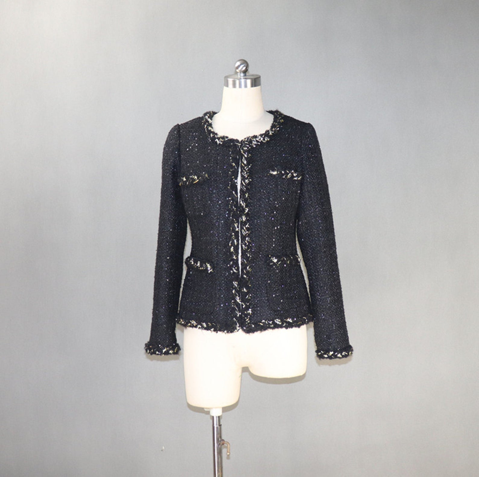 Women's Designer Inspired CUSTOM MADE Sequined & Golden Thread Tweed Jacket Coat Blazer