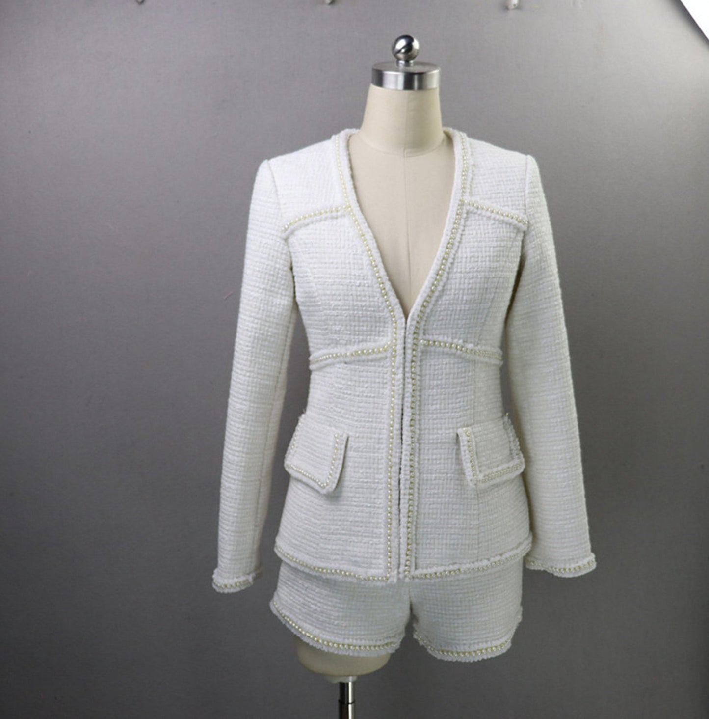Women's Designer Inspired CUSTOM MADE Pearl White Jacket Coat Blazer+Shorts/Skirts