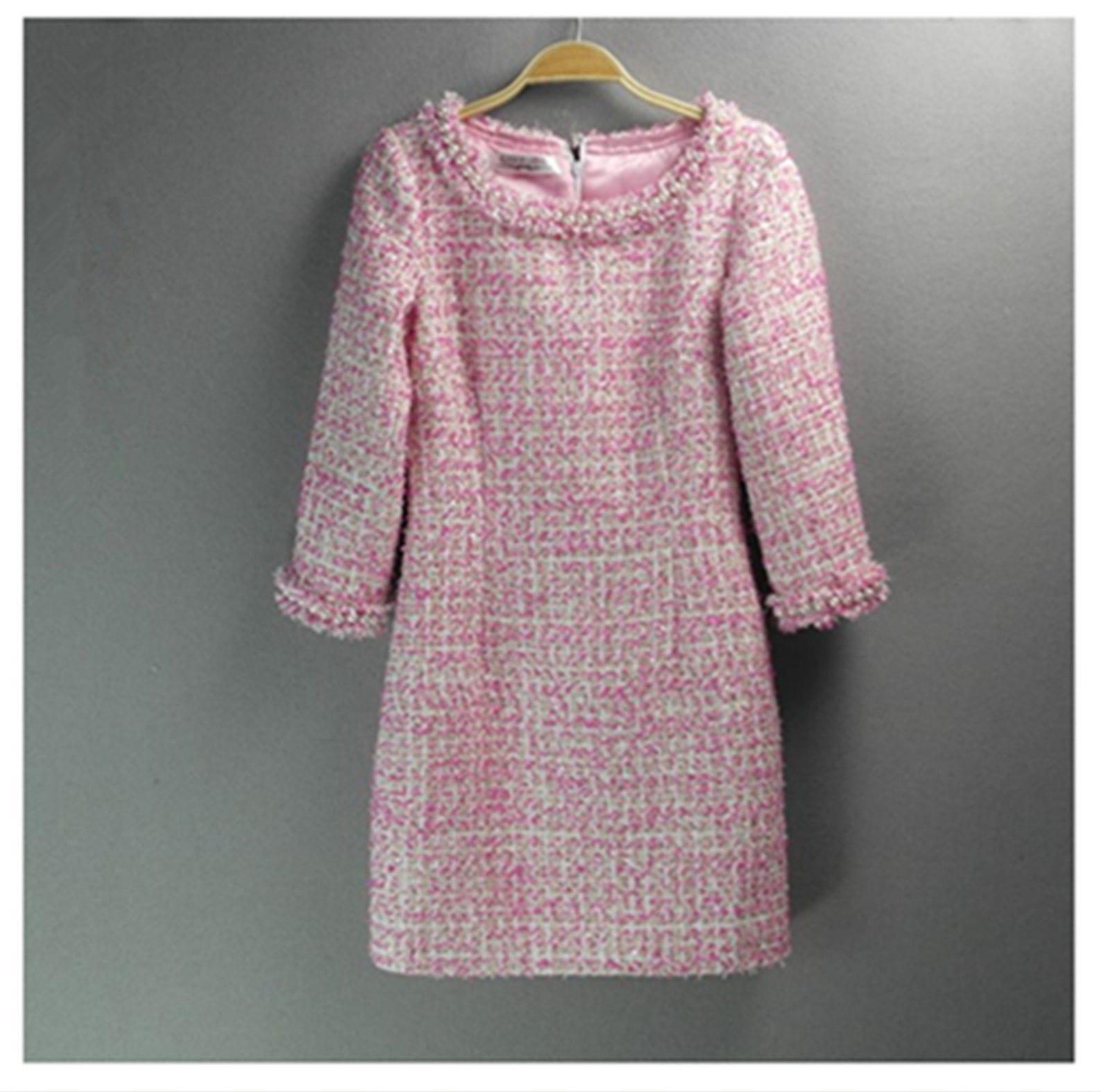 Sheath Pearls Tweed 3/4 Sleeves Dress Hot Pink  UK CUSTOMER SERVICE! Sheath Pearls Tweed 3/4 Sleeves Dress Hot Pink - Pink tweed fabric with back zip, 3/4 sleeves, Knee length dress. Can wear it for outside party , holidays and casual or formal wear. Dry Cleaning. The midi length and round-neck gives this pencil fashionable dress a classic and timeless shape, making the baggy trendy pretty dressing gown versatile for various special occasions.
