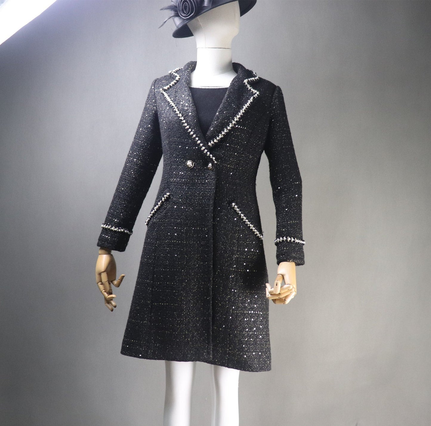 Women's Winter Tailor MADE Sequinned Long Warm Coat Black
