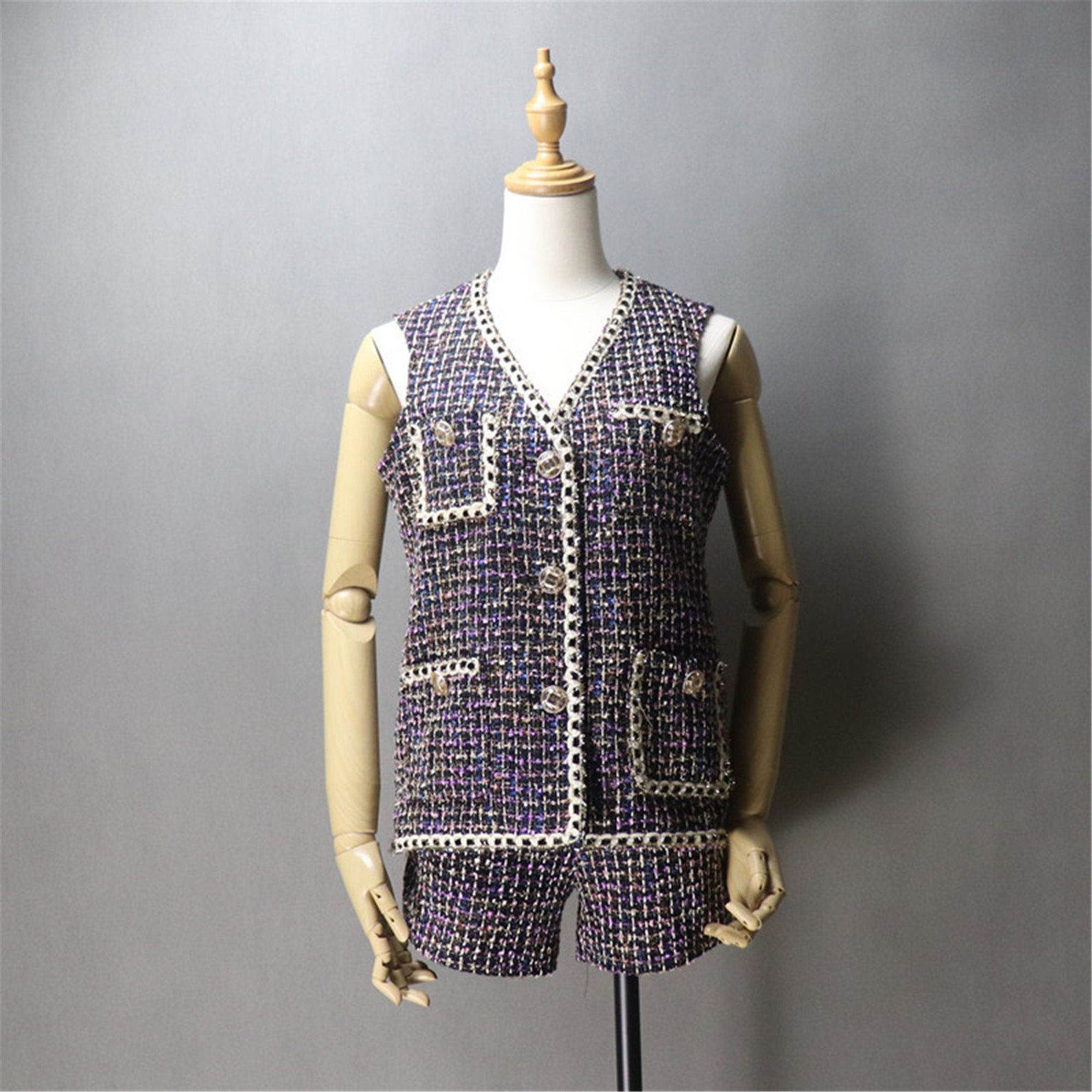 Custom Made Hand Made Asymmetric Trim Pockets Tweed Vest + Shorts Media 