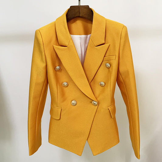Women's Fitted Blazer Golden Buttons Coat Yellow UK CUSTOMER SERVICE! Women's Luxury Designer Inspired Fitted Blazer Golden Buttons Coat Yellow - can worn for business meeting, daily wear, formal date, office work, vacation and outdoor activities. Classic fashion design, the simple and smooth line of lapel can accentuate the neck line.  Polyester Machine Wash Fastening: Button Slim Long Sleeve