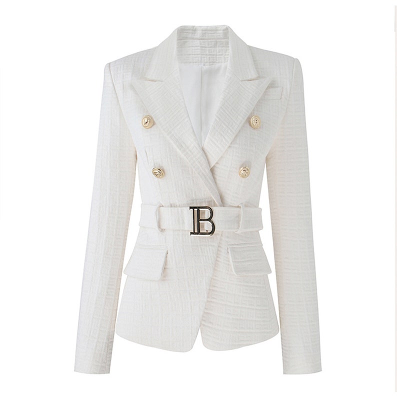 Maze Pattern Fitted Belted Jacket White/ Black/ Pink/ Beige Luxury Blazer