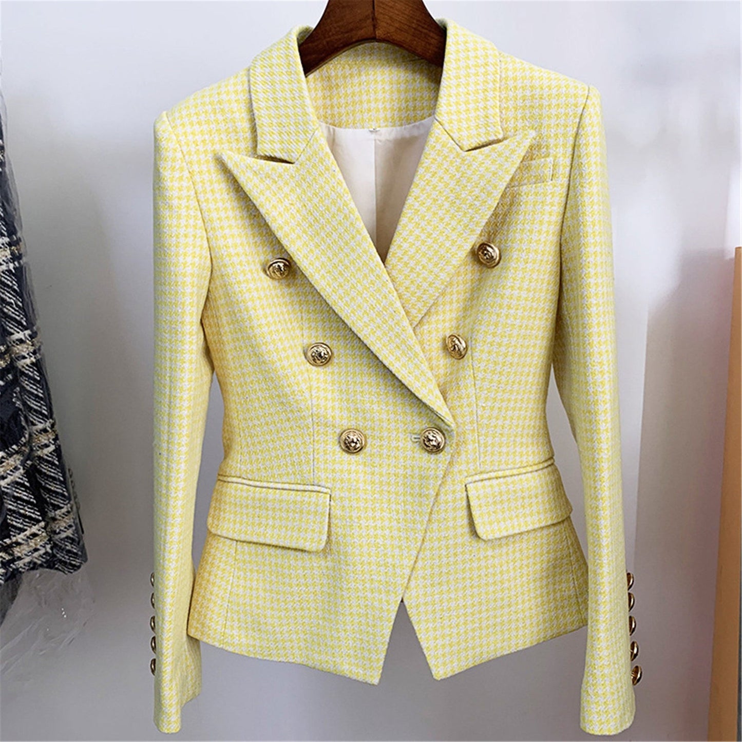 Women Houndstooth Fitted Golden Lion Buttons Blazer Yellow  UK CUSTOMER SERVICE! Women Houndstooth Fitted Golden Lion Buttons Blazer Yellow- can worn for business meeting, daily wear, formal date, office work, vacation, interview and outdoor activities.The simple but classic short sleeve tee shirts match well with jeans,shorts,pants,capris,leggings,boots and heels,perfect for spring and summer,you can also wear it under a coat or jacket in cold days   Machine Wash Fastening: Button Slim Long Sleeve