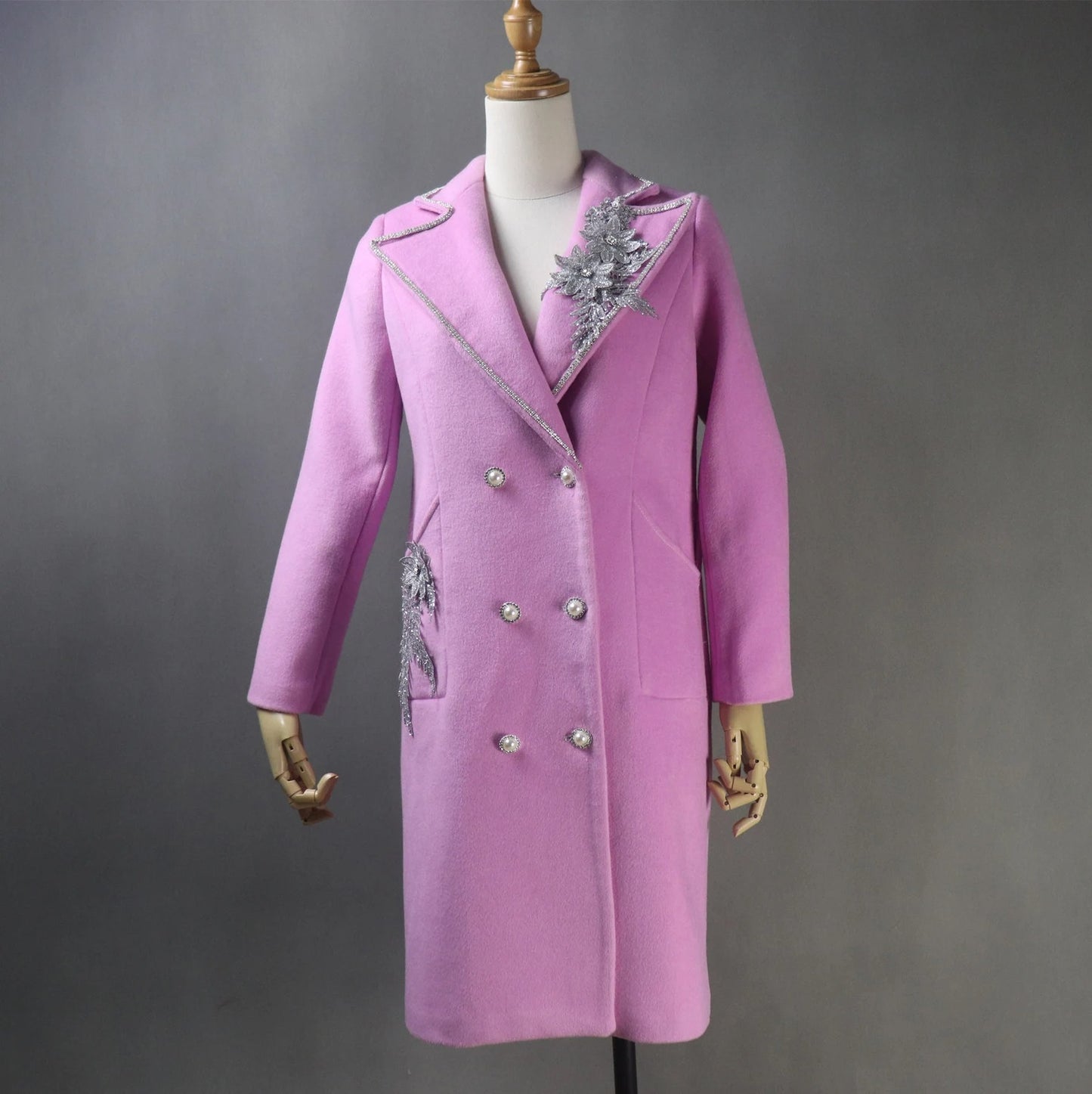 Women's Winter Tailor MADE Double Breasts Tweed Long Warm Coat Pink