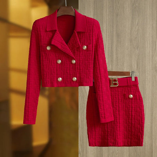 Red Crop Cardigan Jacket + High Waist Skirts Knitwear Suit Stretchy For Young Girls