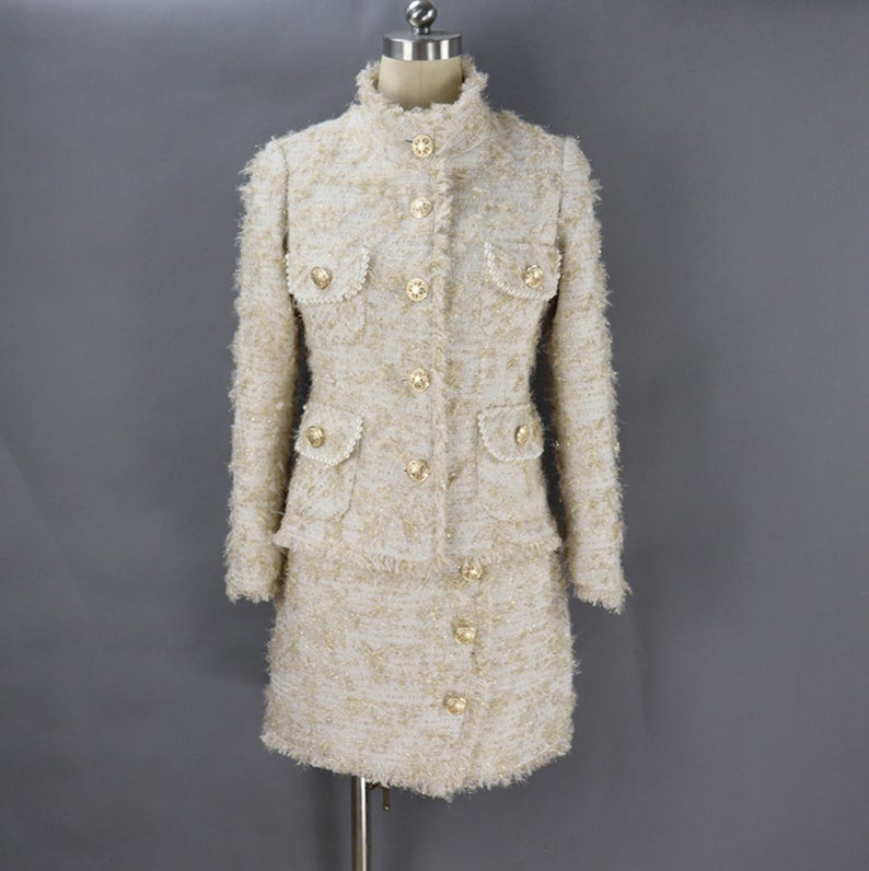 Designer Inspired Gold Buttons Pockets WOOL Tweed Jacket Only for Women  UK CUSTOMER SERVICE! Designer Inspired Gold Buttons Pockets WOOL Tweed Jacket Only for Women , can worn for outside, party and lunch with friends. No machine washable and dry clean only. All items are made to order. Please advise your height, weight and body measurements ( Bust, shoulder, Sleeves, Waist and Length etc). Our tailors will make the order for you!  Materials: Wool blend