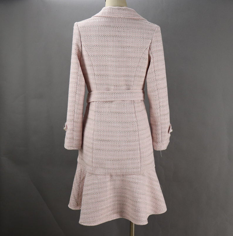 Women's Designer Inspired CUSTOM MADE Pearl Button Tweed Flare Long Coat