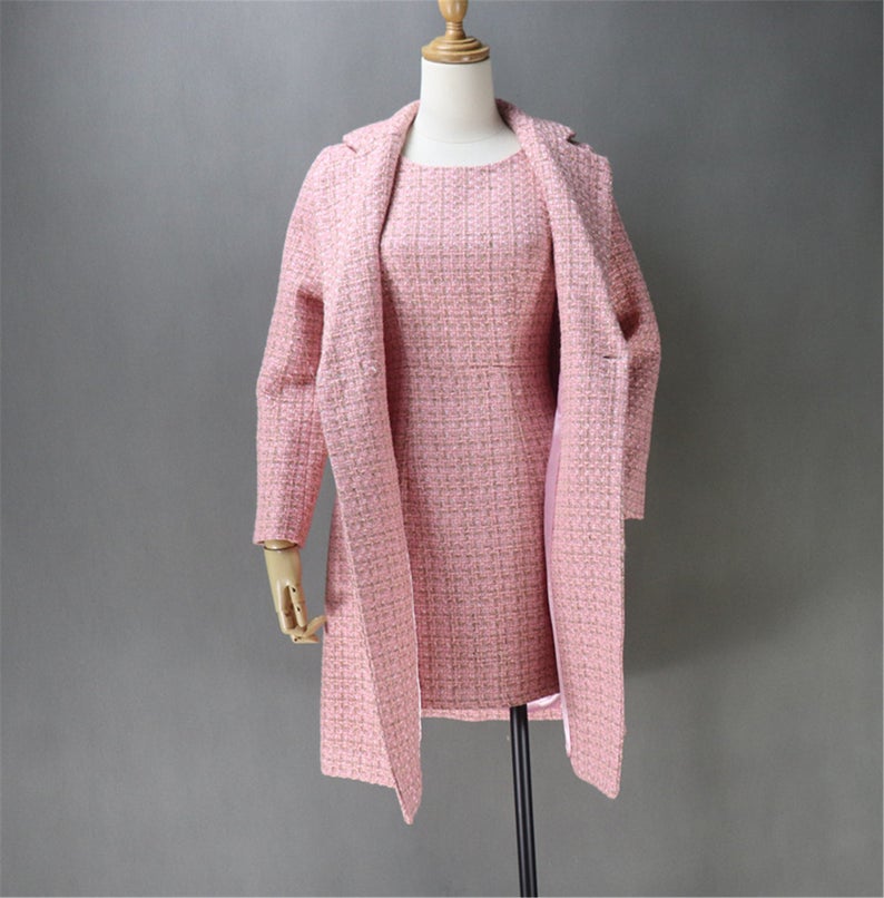 Pink Tweed Sheath Dress + Long Coat (20% discount) - This is tweed fabric, seasonal fabric, can wear all time. Back zip with long pink coat. Look gorgeous and feel comfort to wear. Can wear official use, Business use ,ceremony and inauguration. As per customer requirement, our tailor will made change in pink tweed fabric and coat.  