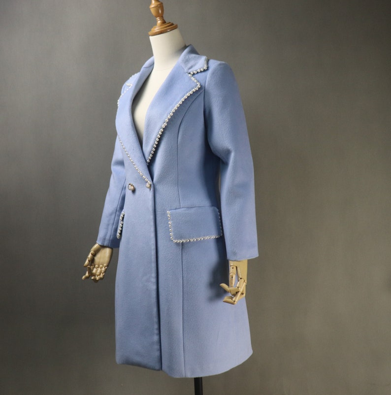 Women's Winter Tailor MADE Blue Pearl Decorated Long Warm Coat
