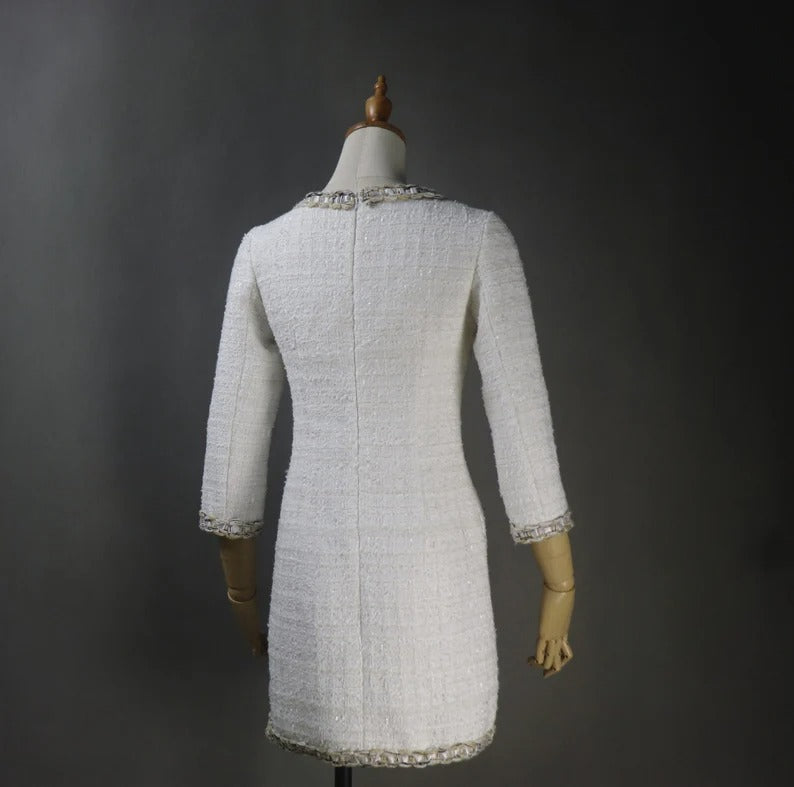 This white tweed dress is perfect for any formal occasions such as wedding, graduation, interviews, business meetings, Daily office wear.  Dry Cleaning. The midi length and round-neck gives this pencil fashionable dress a classic and timeless shape, making the baggy trendy pretty dressing gown versatile for various special occasions.